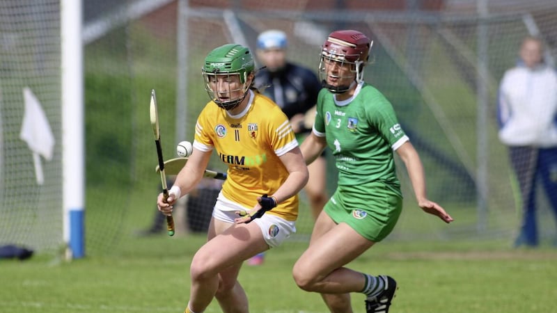 Antrim&#39;s Roisin McCormick tries to get away from Muireann Creamer of Limerick during the All-Ireland Senior Championship match at Corrigan Park 				 Picture: Sean Paul McKillop 