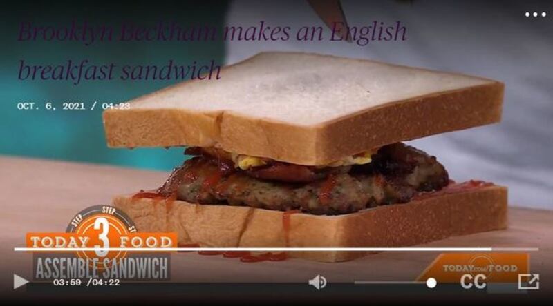 &nbsp;The sausage, egg and bacon sandwich on white bread with no butter and some ketchup which Brooklyn Beckham cooked on the Today show in the US