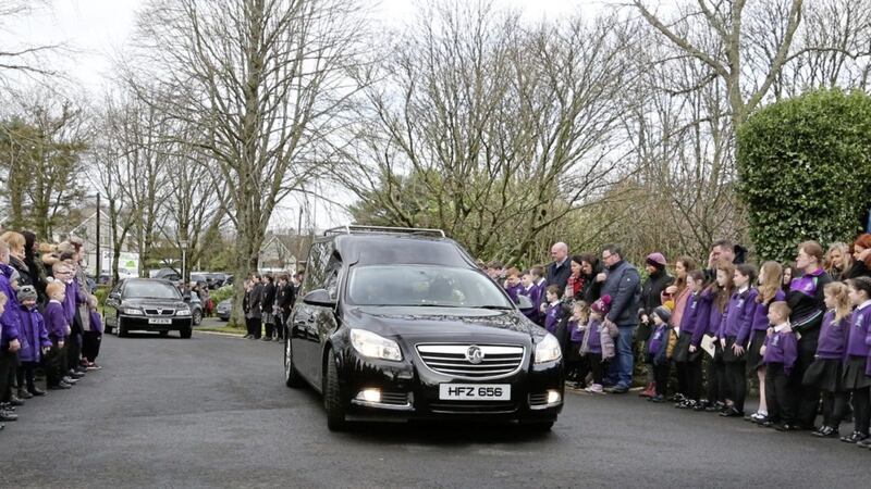 Crowds line the route for the funeral of Francie Brolly at St Patrick&#39;s Church, Dungiven. Picture by Margaret McLaughlin 