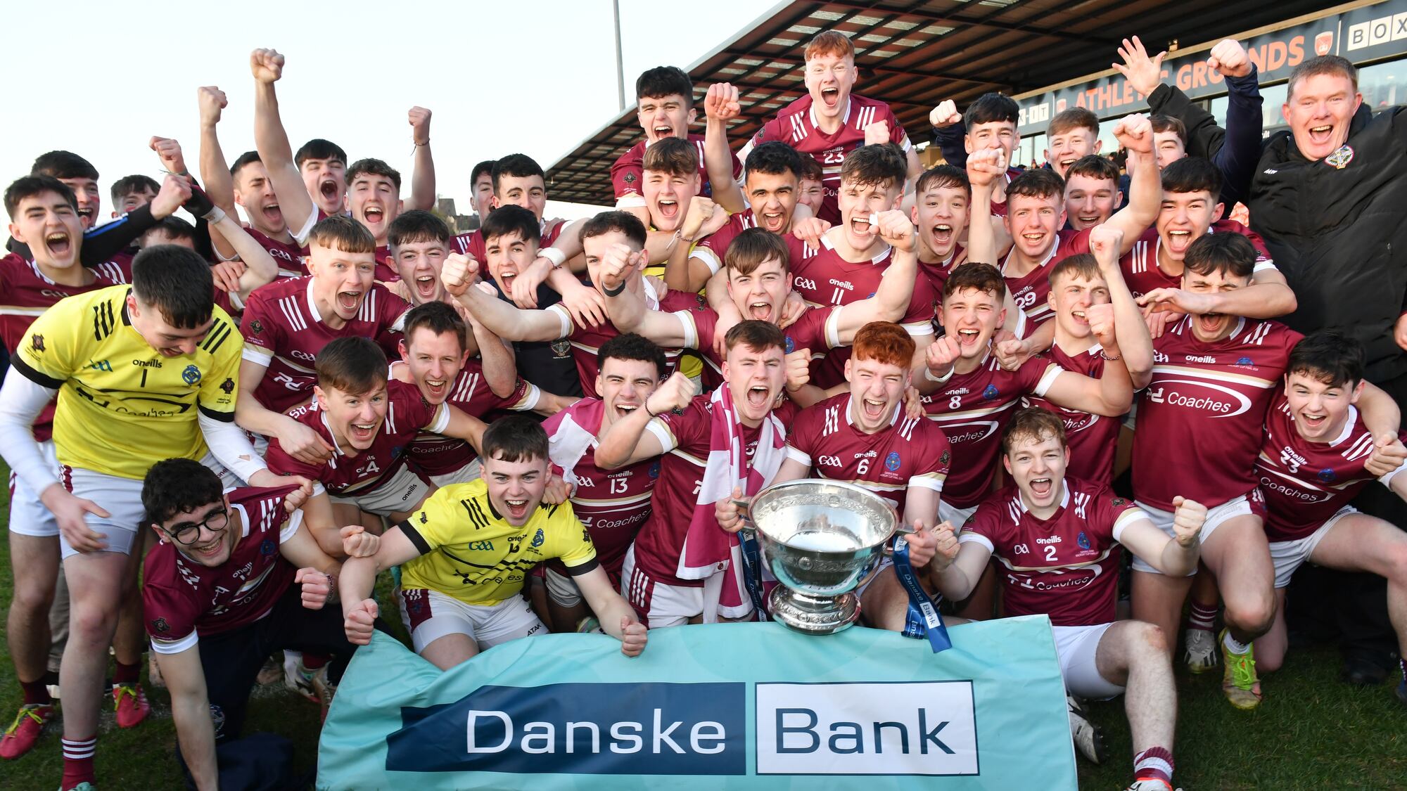 Omagh CBS players celebrate after retaining the MacRory Cup.