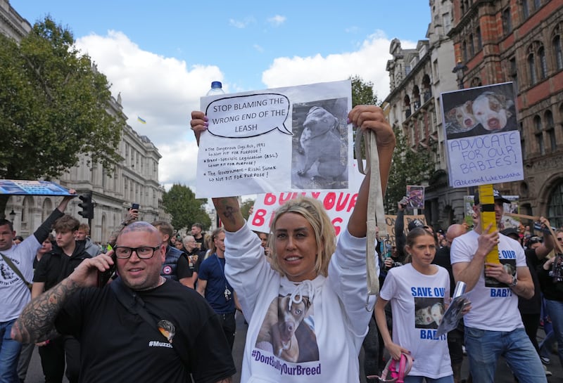 People take part in a protest in central London against the Government’s decision to ban XL bully dogs