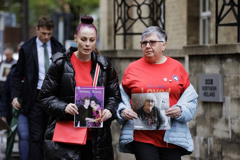 Martina Ferguson, left, and Brenda Doherty, right, from the Northern Ireland Covid-19 Bereaved Families for Justice group spoke outside the inquiry