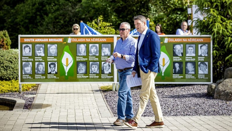 Sinn F&eacute;in MP John Finucane, pictured right, with party colleague Conor Murphy during a controversial IRA memorial event in Co Armagh, billed as the South Armagh Volunteers Commemoration. Picture by Liam McBurney/PA Wire 