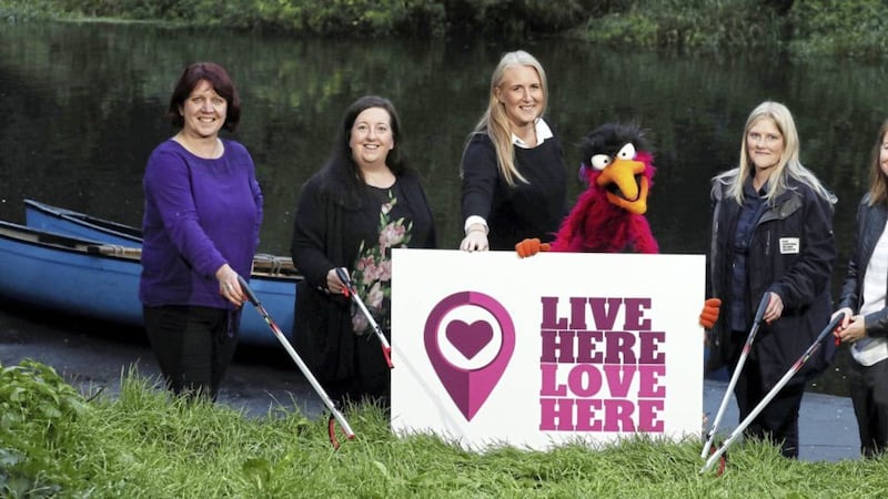 Live Here Love Here manager Helen Tomb with Nicola Fitzsimons, Lynda Surgenor, Ruth Lawrence, Wendy Alfonso-Cole and litter-loathing puppet Al. Picture by Matt Mackey, Presseye/Live Here Love Here 