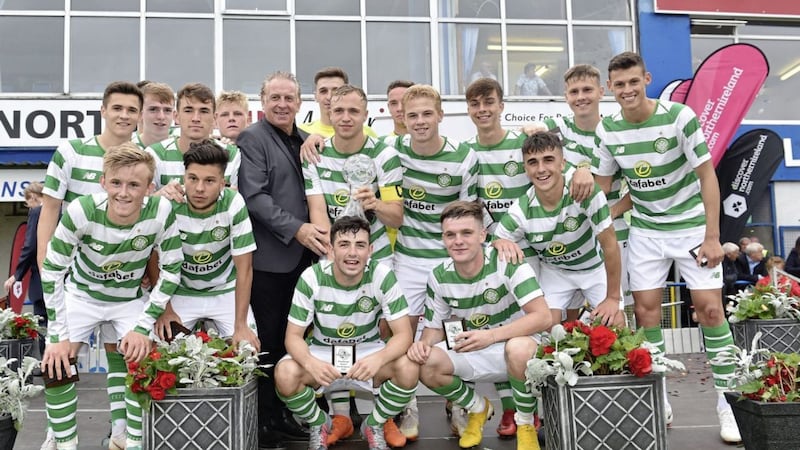 Celtic U19s, who won last year's Supercup NI Challenge Trophy match against their Manchester United counterparts at Coleraine Showgrounds, with NI legend Gerry Armstrong.<br /> Mandatory Credit: Stephen Hamilton /Presseye