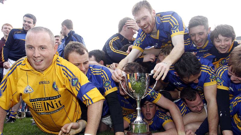 Portaferry players celebrate with the Four Seasons Cup in Ulster Senior Hurling Championship
