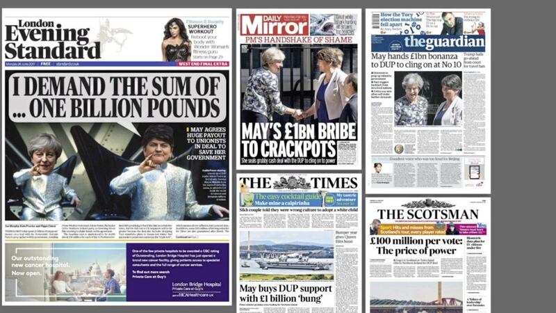 Some of Tuesday&#39;s front pages in the British press on the deal between the DUP and the Conservatives 