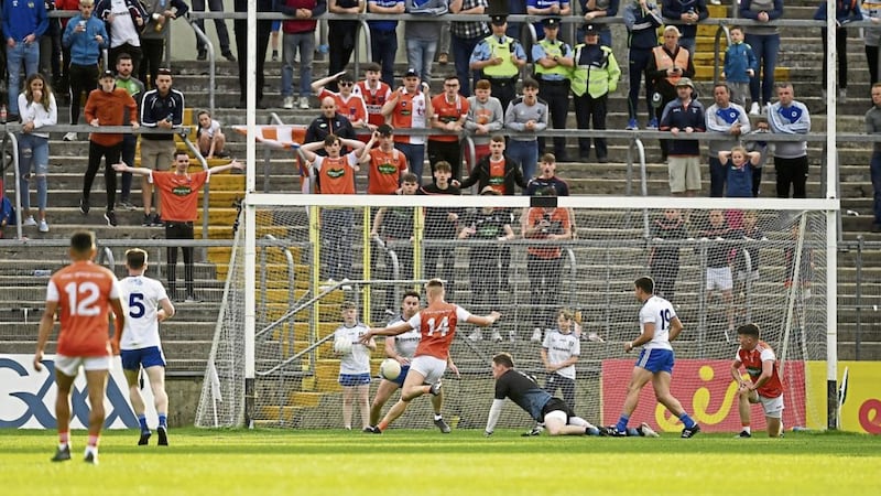 Rian O'Neill slots home the first of his two goals for Armagh in their win over Monaghan on Saturday evening. Armagh now face Mayo in the next round of qualifiers. Photo by Ray McManus/Sportsfile