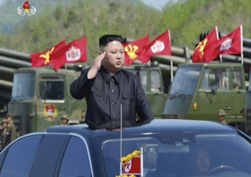 This image made from video of a still image broadcast in a news bulletin by North Korea's KRT on Wednesday, April 26, 2017, shows leader Kim Jong Un at what was said to be a 