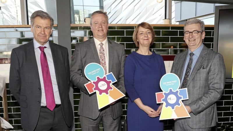At the launch of the Workplace &amp; Employment Awards are Irish News editor Noel Doran and deputy managing director Yvonne O&rsquo;Rourke with Mount Charles managing director Cathal Geoghegan and Henderson Group human resources director Sam Davidson 