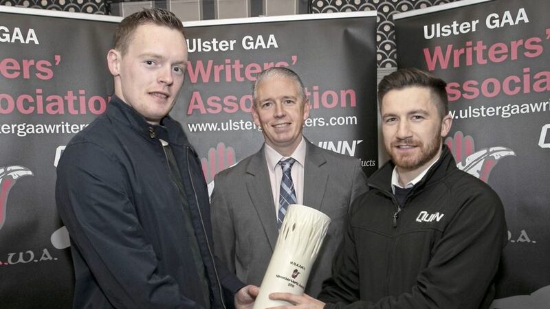 Ulster GAA Writers Association award winner Rory Beggan (left), UGAAWA chairman John Martin and Emmett Scollan (right), Quinn Building Contracts Area Sales Manager for Fermanagh, Monaghan &amp; Armagh. Picture by Jim Dunne. 
