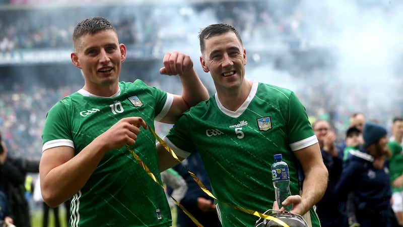 Limerick's Gearoid Hegarty and Diarmaid Byrnes celebrate another All-Ireland title Picture by Seamus Loughran