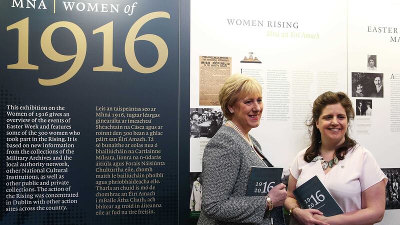 Arts Minister Heather Humphreys (left) with curator Sinead McCoole at the opening of the exhibition in Dublin Castle