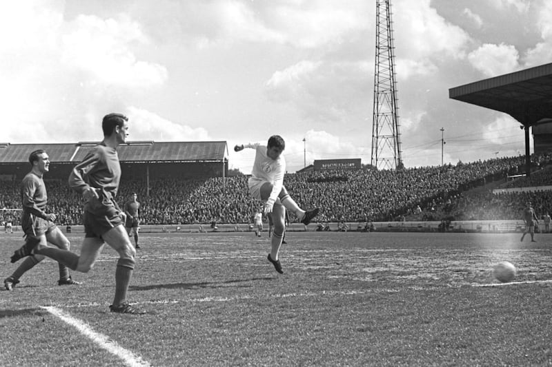 Peter Lorimer scores Leeds United&#39;s first goal in the English First Division game against Chelsea on Saturday May 6 1967. The game finished 2-2 with Tommy Baldwin and Eddie McCreadie the Chelsea scorers and Rod Belfitt joining Lorimer on the Leeds score-sheet. Picture by PA Images/PA Wire. 