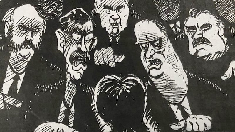 A front page cartoon by Ian Knox from 1997 portraying Mary McAleese and her critics, including John Bruton, Derek Nally and Eoghan Harris