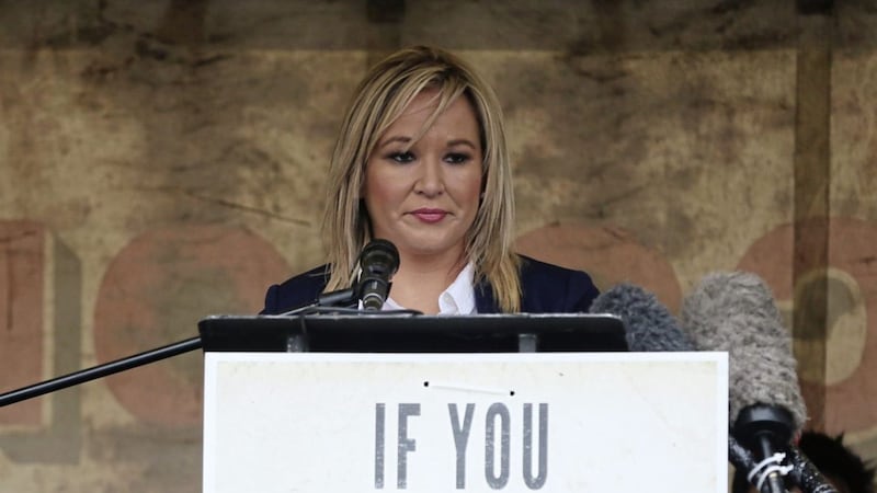 Sinn Fein&#39;s Northern leader Michelle O&#39;Neill addresses a memorial event in Cappagh, Co Tyrone, commemorating the 30th anniversary of the shooting dead of eight IRA members and bystander Anthony Hughes in an SAS ambush. 