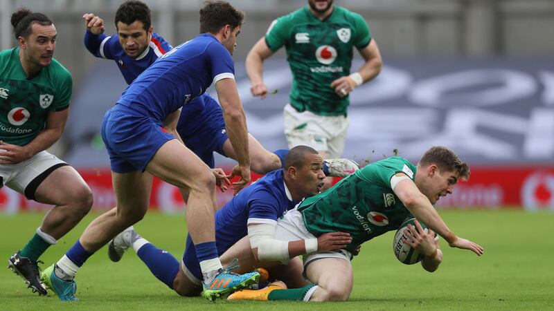 Ireland's Garry Ringrose is tackled by France's Gael Fickou during the Guinness Six Nations match at the Aviva Stadium, Dublin<br />Picture by PA&nbsp;