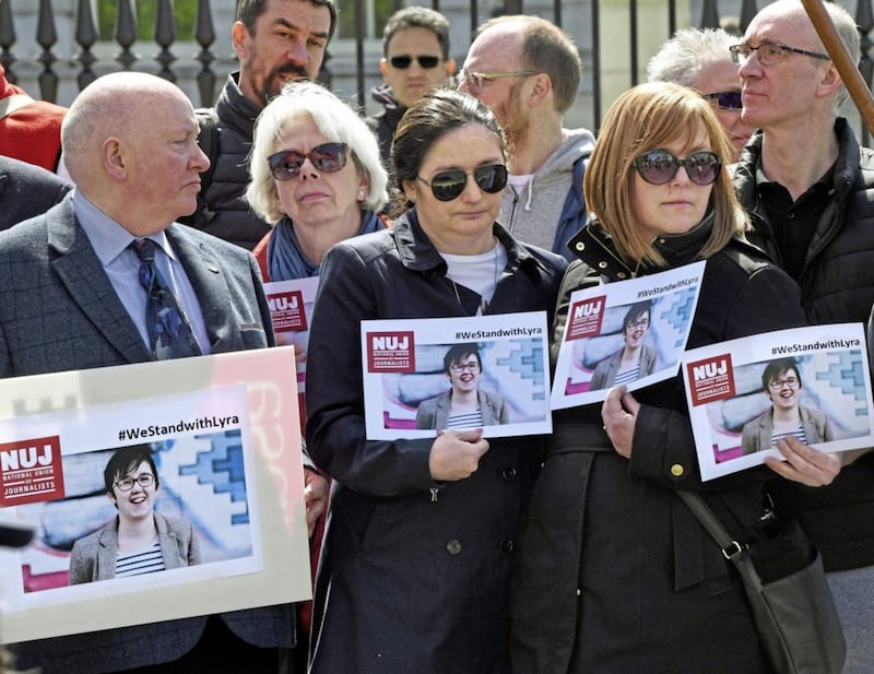 Lyra McKee&#39;s sisters, Joan (left) and Nicola, joined with NUJ members to honour the murdered journalist at the annual May Day trade union march in Belfast. Picture by Alan Lewis/PhotopressBelfast.co.uk 