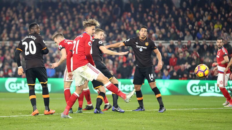 Middlesbrough's Gaston Ramirez heads home the winner in Monday's Premier League game against Hull at the Riverside Stadium&nbsp;<br />Picture by PA