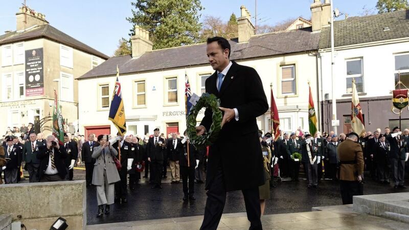 Taoiseach Leo Varadkar lays a wreath at the war memorial during events to remember the 12 victims of the IRA&#39;s 1987 Remembrance Sunday bomb attack in Enniskillen, Co Fermanagh 