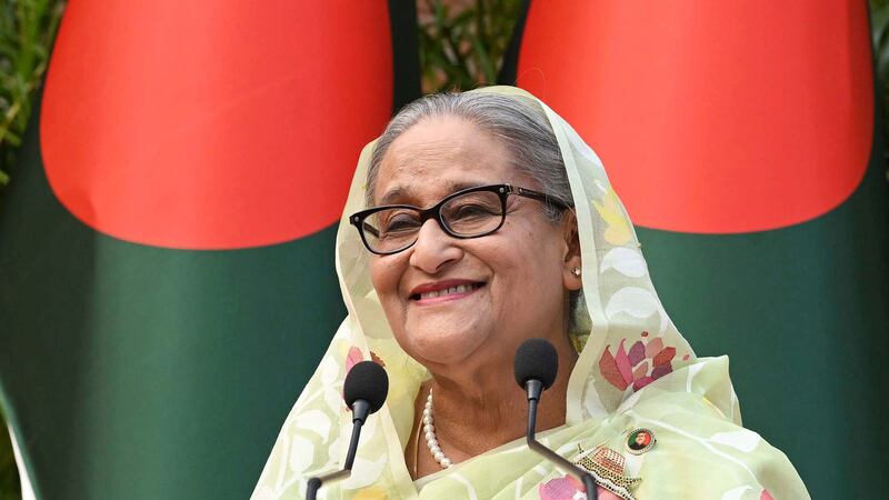 Prime minister Sheikh Hasina addresses a press conference following her election victory in Bangladesh (Bangladesh Prime Minister’s office via AP)