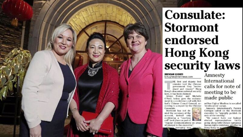 Arlene Foster and Michelle O&#39;Neill with Belfast&#39;s Chinese Consul General, Madame Zhang Meifang, and inset, how The Irish News revealed the ministers&#39; alleged comments 