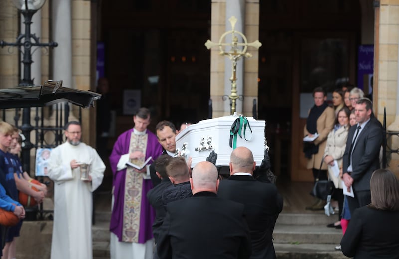 &nbsp;The coffin of Noah Donohoe is carried into Saint Patrick's Church in Belfast. Picture by Niall Carson, PA