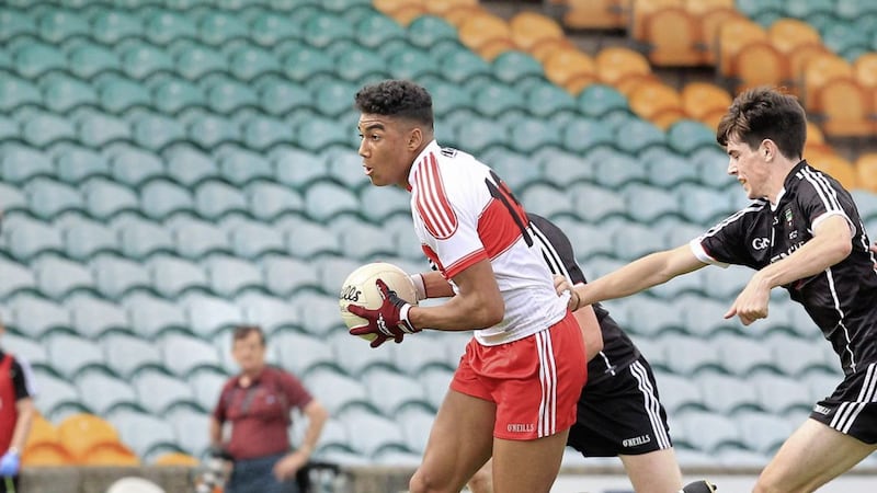 Derry&#39;s Callum Brown leaves Sligo opponents behind during the All Ireland Minor Football Championship quarter final match at Ballybofey on Saturday. Picture Margaret McLaughlin. 
