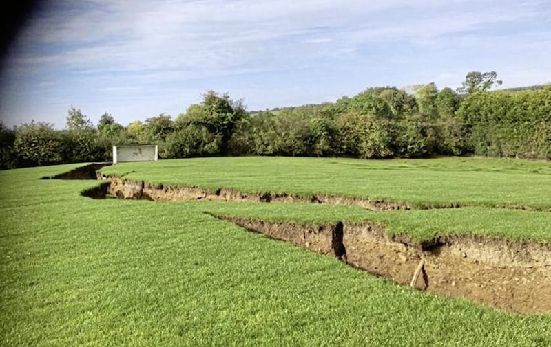 A sinkhole in Co Monaghan has split a GAA pitch near Carrickmacross. Picture courtesy of Border TV 