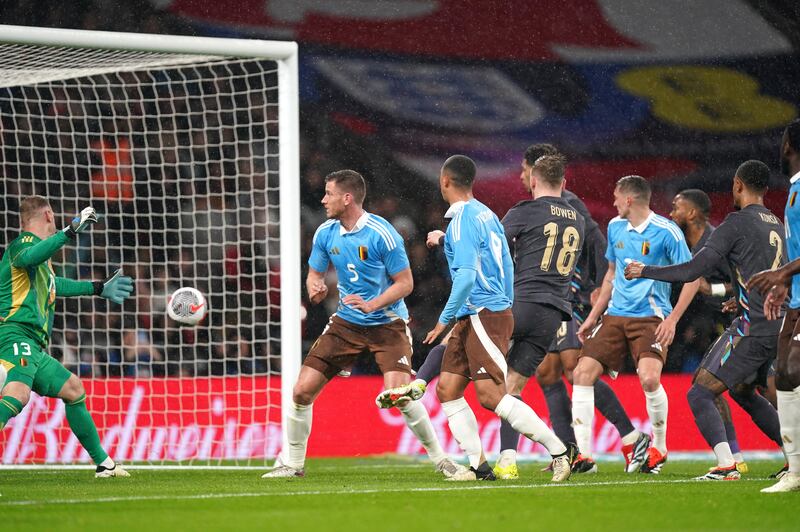 England’s Jarrod Bowen has a goal disallowed during the draw with Belgium.