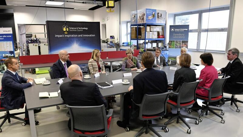 Prime Minister Theresa May meets business leaders in Daresbury as she launched her industrial strategy for post-Brexit UK with a promise to take an active role in backing business 