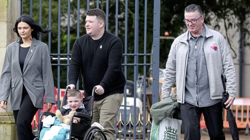 Little D&aacute;ith&iacute; MacGabhan with his family as they leave Hillsborough Castle following a meeting with Chris Heaton-Harris on Wednesday. Picture by Mal McCann 