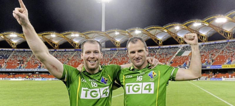 Ciaran McKeever and Stevie McDonnell Ireland celebrate Ireland&#39;s International Rules victory over Australia in 2011 