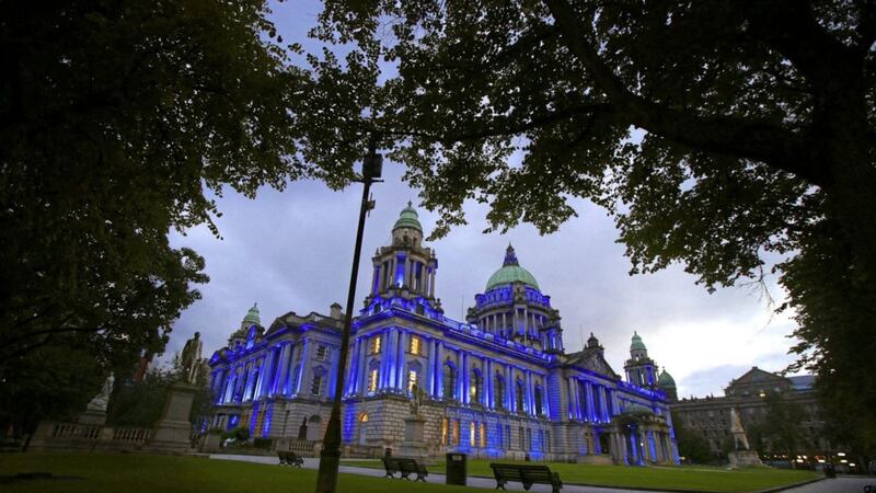 Belfast City Hall was lit up in blue for Noah Donohue last night. Picture by Hugh Russell 