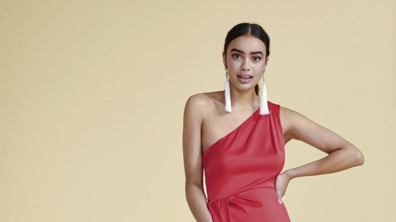 Miss Selfridge Red One Shoulder Prom Dress, &pound;59; Honey Barely There Heel Sandals, &pound;29 