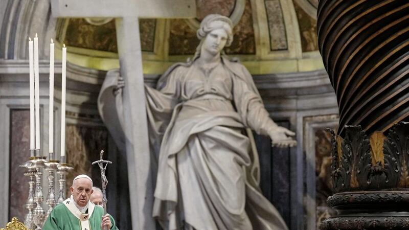 Pope Francis celebrates Mass in St Peter&#39;s Basilica last October at the opening of the &#39;synodal journey&#39;. Picture by AP Photo/Gregorio Borgia. 