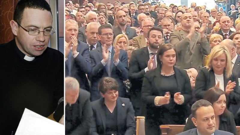 Fr Martin Magill received a standing ovation from mourners - which some politicians were slow to join in with - after delivering a powerful reflection during a funeral service for murdered journalist, Lyra McKee at St Anne's Cathedral&nbsp;