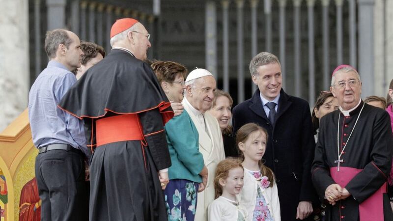 Pope Francis with Cardinal Kevin Farrel, second from left, Dublin Archbishop Diarmuid Martin, right, and a group of familes from Ireland at the Vatican 