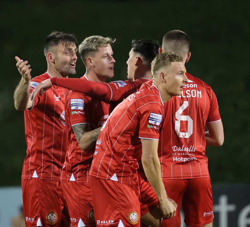 Eoin Bradley joins in the celebrations following Portadown's League Cup victory over Crusaders on Tuesday night. Picture by Pacemaker