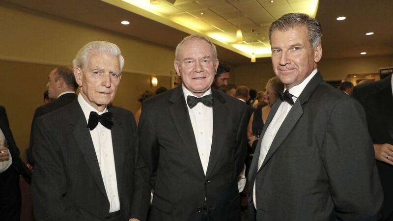 Jim Fitzpatrick with former Deputy First Minister Martin McGuinness and editor Noel Doran at the Irish News Ulster All Stars in Armagh City Hotel in 2016. Picture by Declan Roughan 