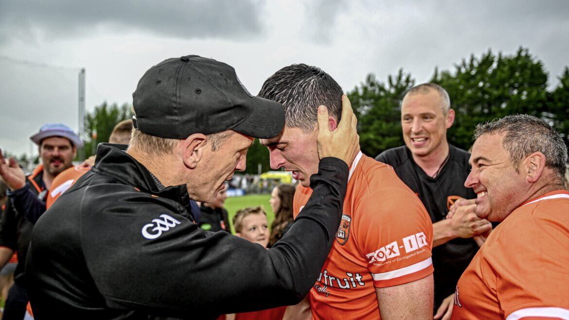 Armagh manager Kieran McGeeney and Rory Grugan after their side's victory over Galway.