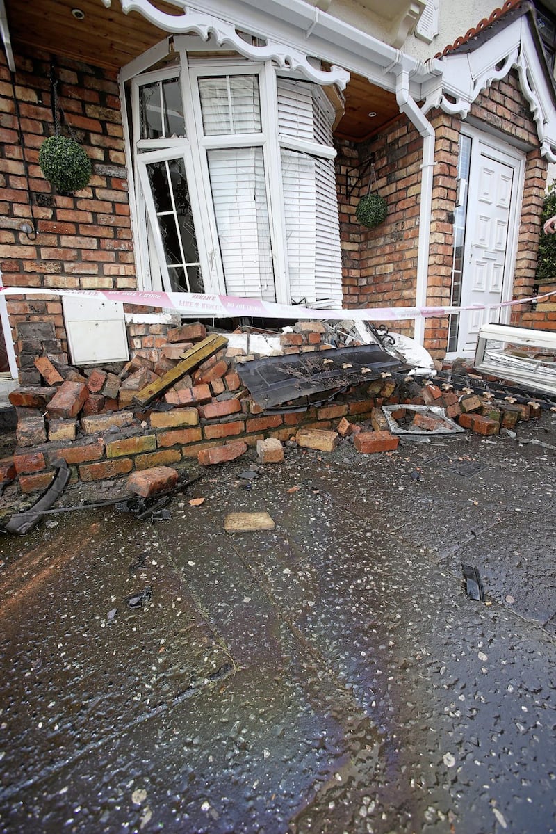 Damage caused to a house in Cavendish Street after a stolen Land Rover was crashed into the property. Photo by Mal McCann 