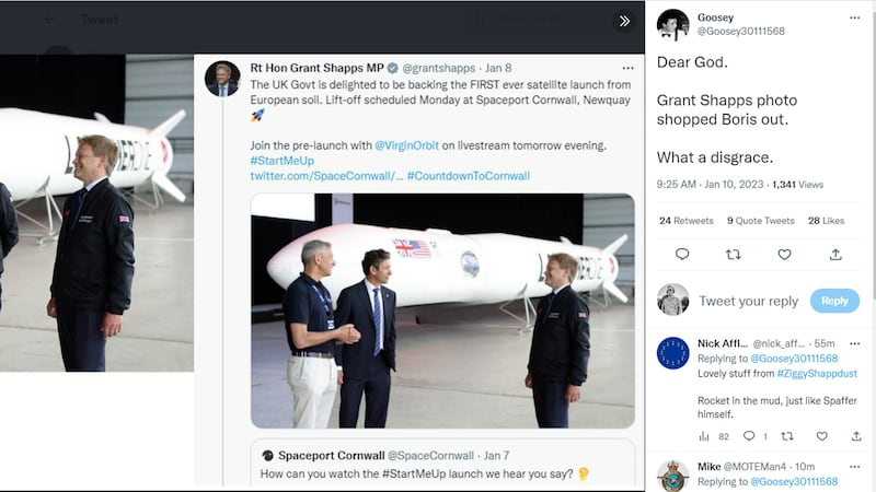 Screen grab from the Twitter feed of @Goosey30111568 showing Grant Shapps, tweeting in advance of a rocket launch from Spaceport Cornwall (right). The photo that accompanied the tweet appeared to show Mr Shapps enjoying a solitary visit to Spaceport in Cornwall. Social media users were quick to notice that Mr Johnson appeared to have been digitally erased, or photoshopped, from the original photo (left). Issue date: Tuesday January 10, 2023.