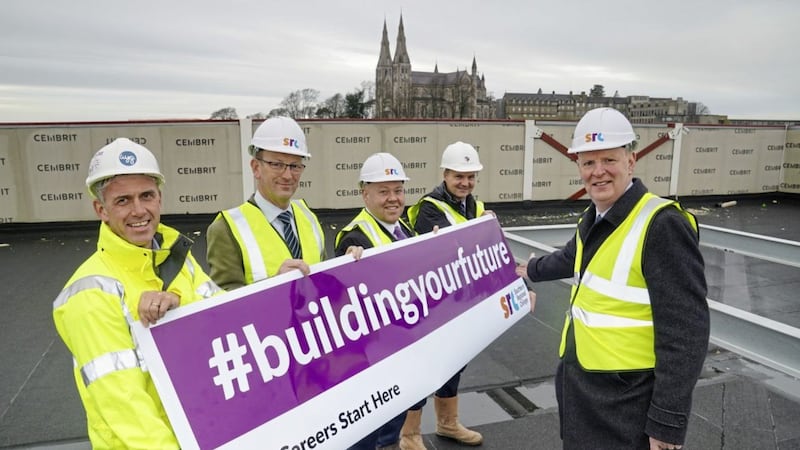 Pictured at the site of the new campus are: Conor McGeown, WYG; Neil Madeley, Department for the Economy; Ruairi Lavery, Southern Regional College; Mark Campbell, Felix O&rsquo;Hare &amp; Co; and Brian Doran, Southern Regional College 