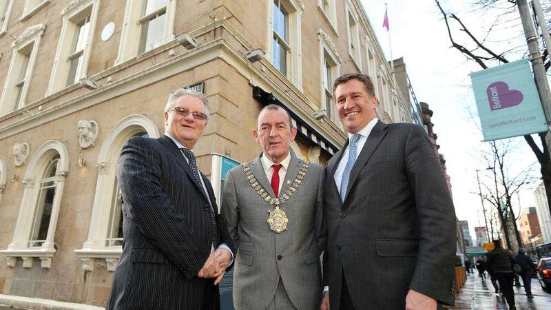Plans for over &pound;200m of investment across five major sites in Belfast city centre were launched by, from left, Paddy Kearney, Kilmona Holdings; lord mayor of Belfast, Arder Carson, and Chris Wilson, Jefferies LoanCore 