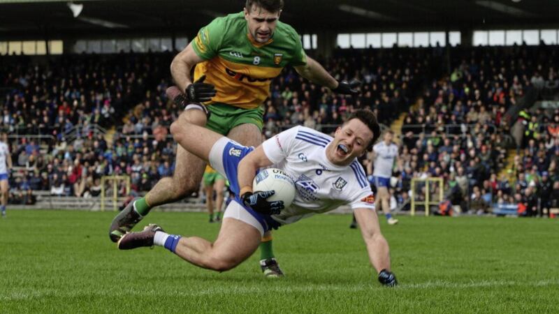 Monaghan&#39;s Dessie Ward and Donegal&#39;s Caolan McGonagle battle for possession during an intriguing Division One clash in Clones, with the Farneymen bagging both League points 