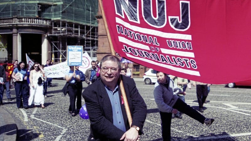Martin O&#39;Hagan with the NUJ banner on May Day in Belfast 2001. Picture by Kevin Cooper/Photoline NUJ 
