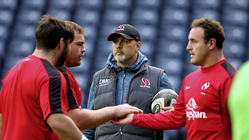 Ulster head coach Dan McFarland (centre) oversees the pre-match warm up prior to the beginning of the Guinness PRO14 semi-final at BT Murrayfield, Edinburgh on Saturday September 5, 2020. Picture by Andrew Milligan/PA Wire 