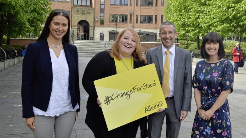 Sorcha Eastwood, left, with Alliance leader Naomi Long and fellow party candidates Andrew Muir and Paula Bradshaw 