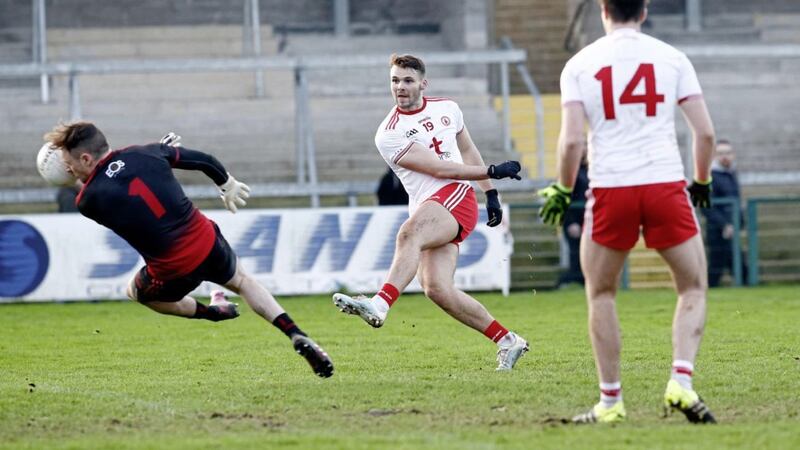 Down&#39;s john O&rsquo;Hare fails to save Tyrone&#39;s second goal scored by Ronan McHugh in action during the BOI Dr McKenna Cup Playoff Semi-Final between Down and Tyrone at The Athletic Grounds Armagh 01-12-2020. Pic Philip Walsh 
